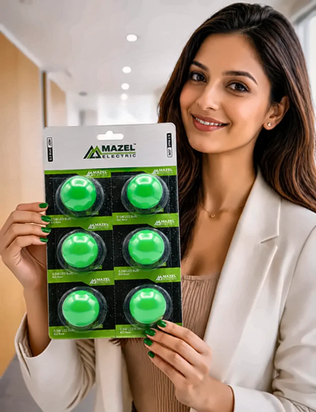 A woman holding a six-pack of Mazel Electric LED bulbs